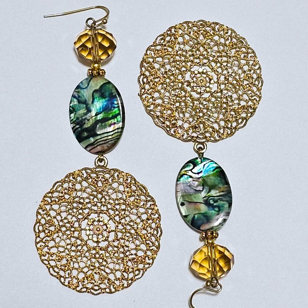 Artisan Earrings. Gold Filigree Medallion. Champagne Pave Crystal. Abalone. - Picture 2 of 6